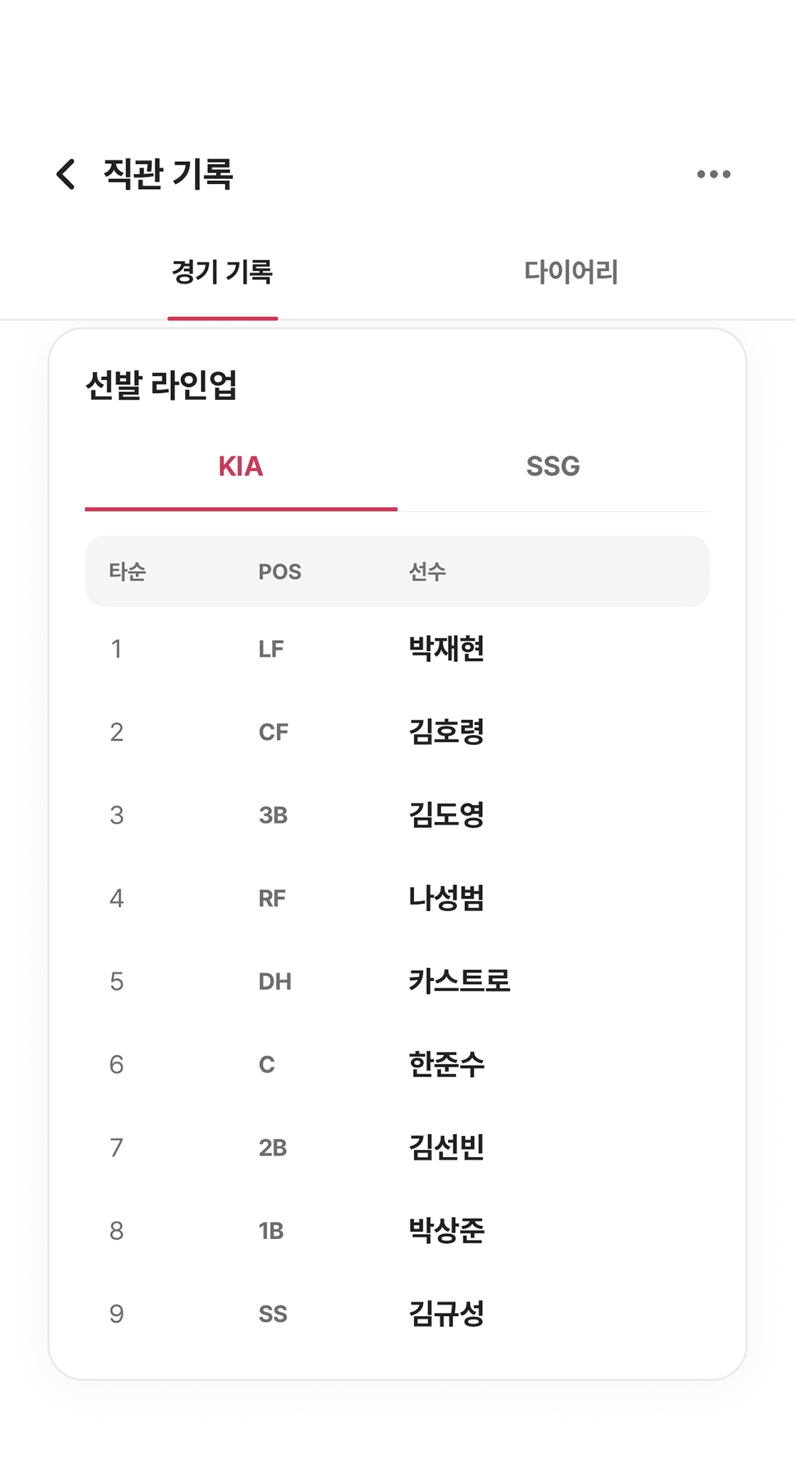 팀별 선발 라인업을 확인하는 경기 기록 화면